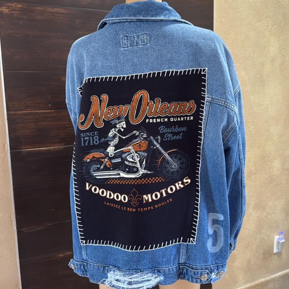 Upcycled Forever21 (New Orleans Voodoo Motors) Distressed Denim Jacket Size 1X